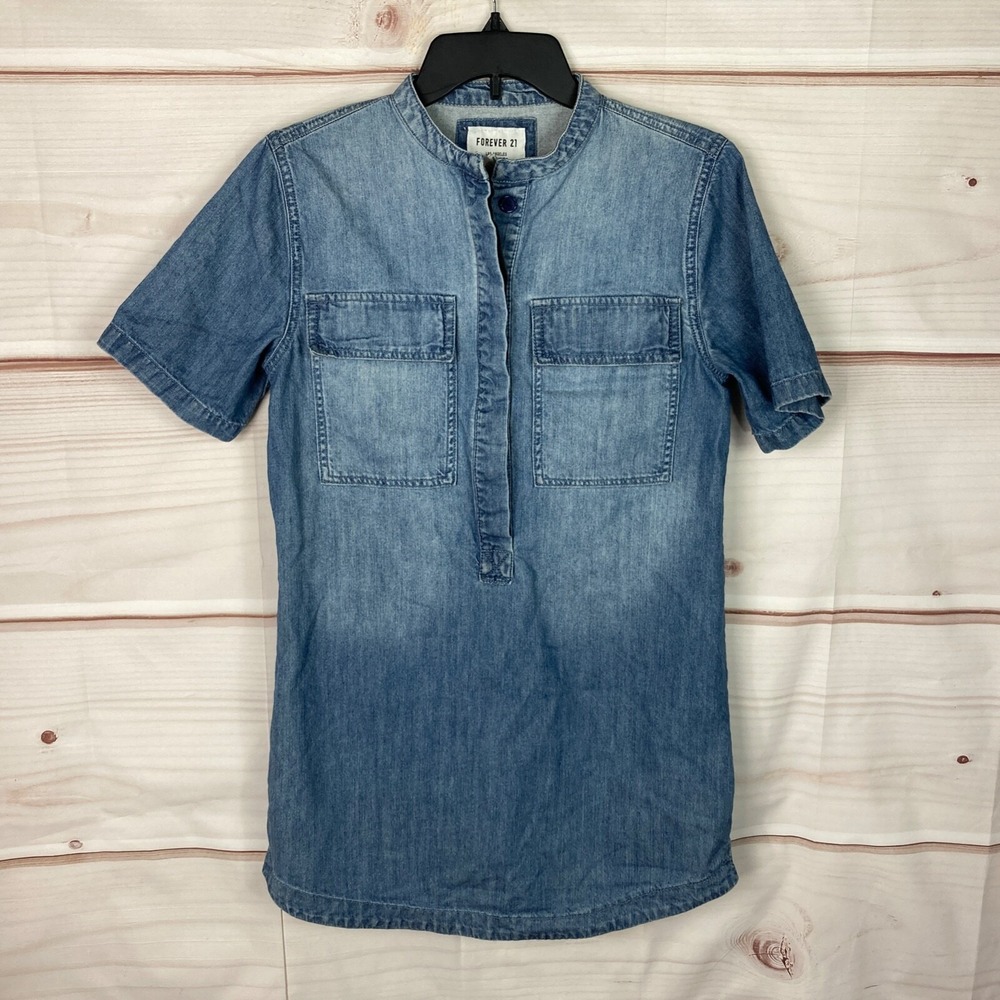 Forever 21 Dress Womens S Chambray 1/2 Button Denim Shirt Short Sleeve Utility